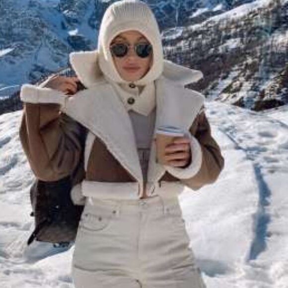 Cider Faux Shearling Brown and White Cropped Biker Teddy Jacket 1X - Picture 4 of 15